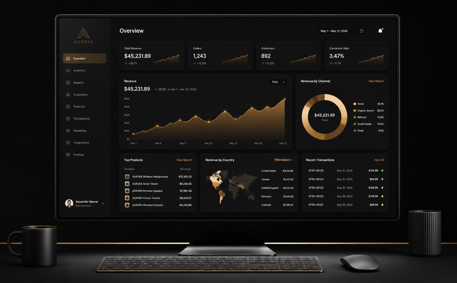 Desktop Dashboard mockup — Atlas — a token-driven product system